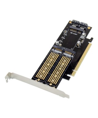 PCIe 3.0 x16 3-in-1 SSD Adapter, 1-port M.2 B-key & 1-port M.2 M-key & 1-port mSATA