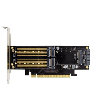 PCIe 3.0 x16 3-in-1 SSD Adapter, 1-port M.2 B-key & 1-port M.2 M-key & 1-port mSATA